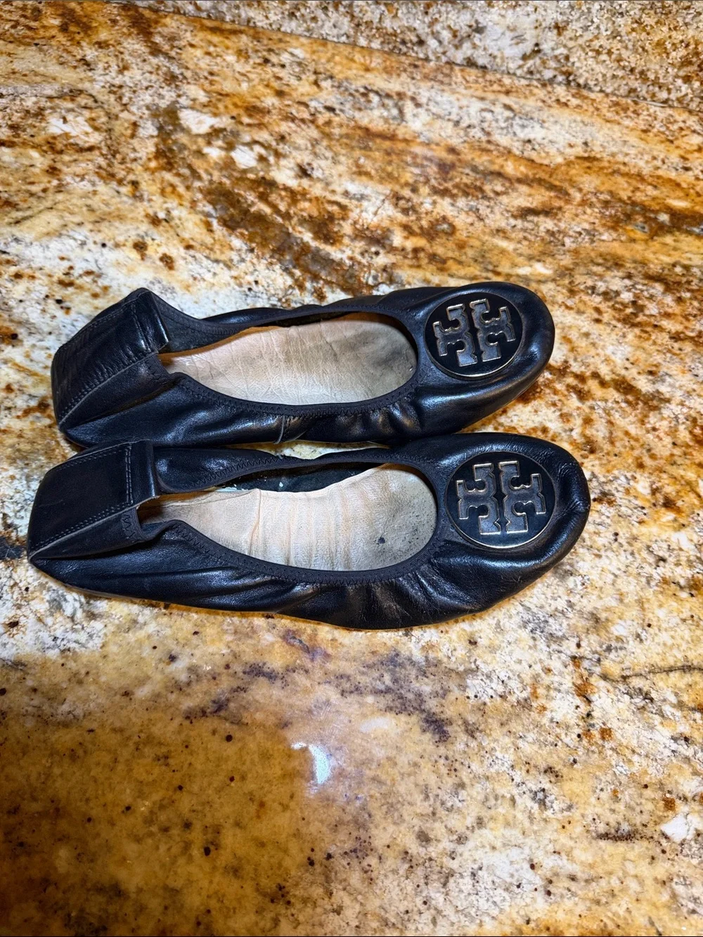 Tory Burch Black Leather Logo Ballet Flats